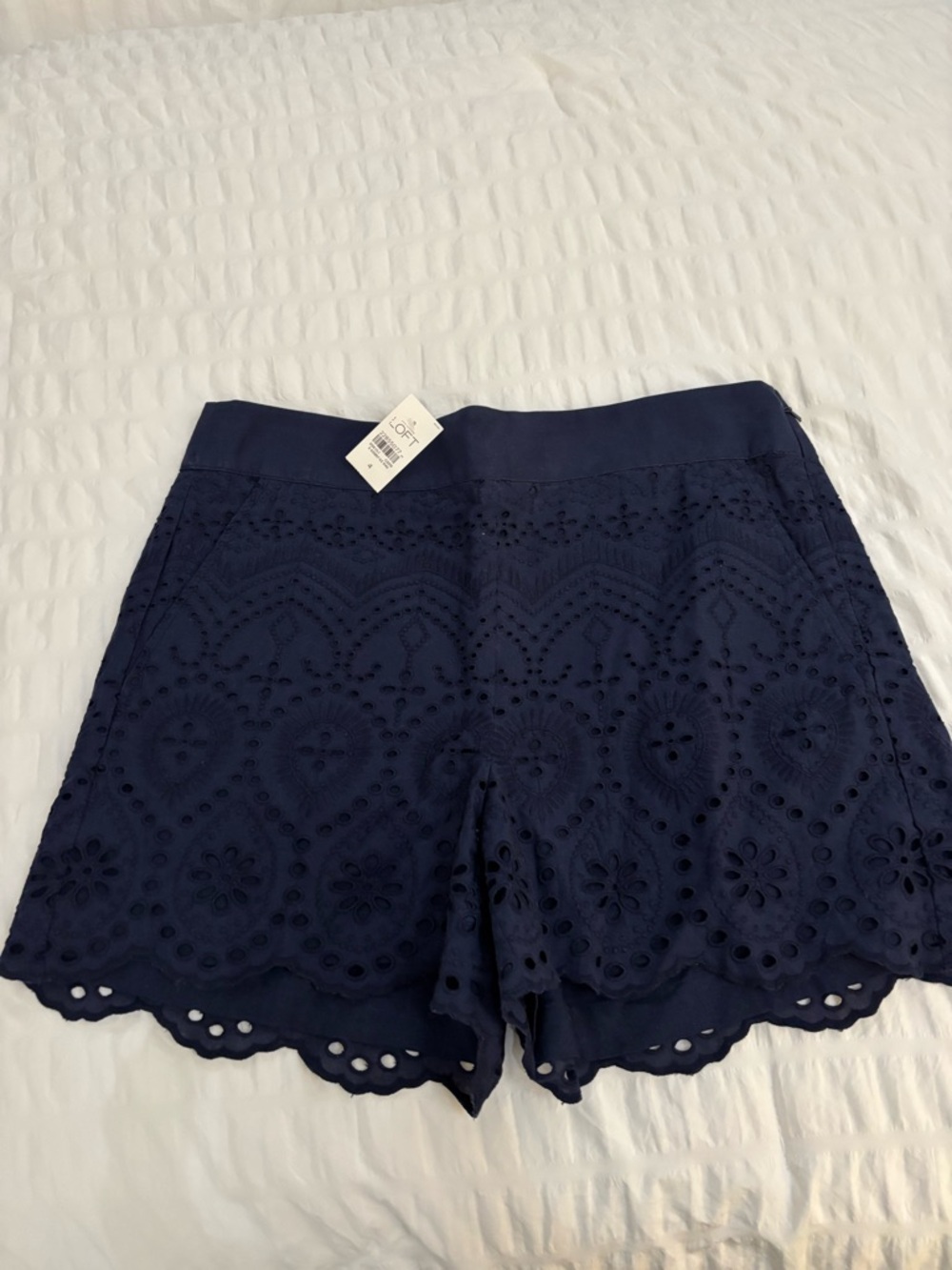 LOFT Navy Eyelet Scalloped Hem Bermuda Shorts